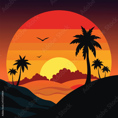 tropical sunset with palm trees and birds