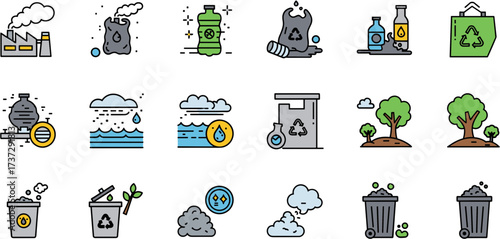 Modern Flat Line Style Ecology and Environmental Pollution Related Icons