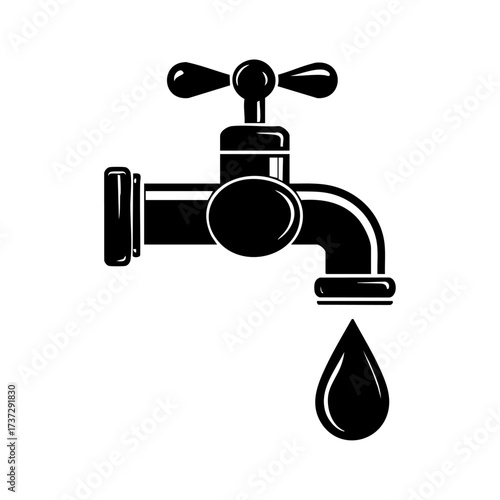 Water faucet dripping single drop, symbolizing conservation, plumbing, and water usage awareness in a minimalist black and white vector style.