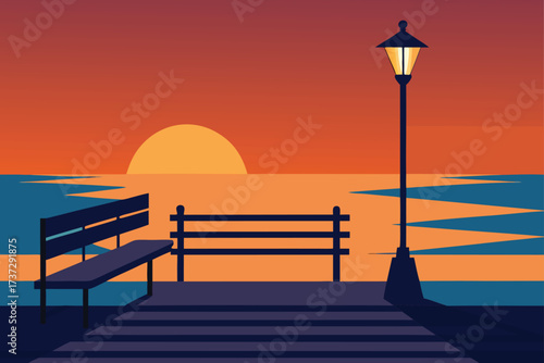 a bench and lamp post at the beach at sunset