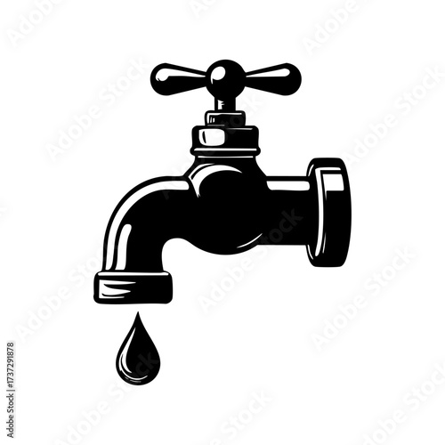 Water faucet black drop icon represents plumbing, conservation, and hygiene in simple, modern vector style for signage or educational use.