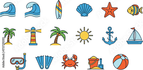 Simple Lineart Beach Element Graphic Icon Set for Summer Vacation