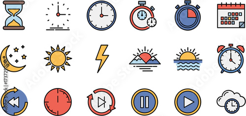 Flat Lineal Colored Time and Weather Related Icon Set Collection