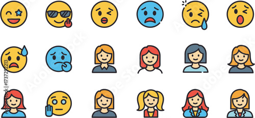 Flat Style Facial Expression and Woman Avatar with Outline Icon Set