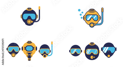 Colorful flat design illustrations depicting various diving masks and snorkels