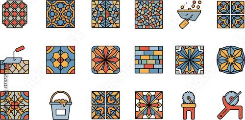 Flat Line Art Decorative Floral Pattern Tile and Construction Set