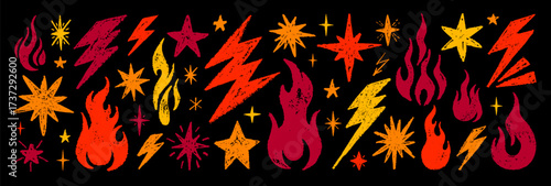 Fire thunder star doodle icon. Flame lightning bolt star flash crayon pencil simple scribble set. Hand drawn doodle grafitti icon. Vector watercolor chalk scribble. Cartoon element illustration bg