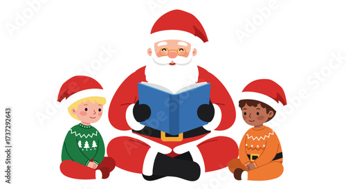 Santa Claus sits cross-legged and reads a book to a boy and girl wearing Christmas pajamas and hats.