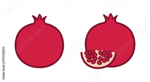 Illustrative depiction of a whole and a halved pomegranate fruit vibrant red