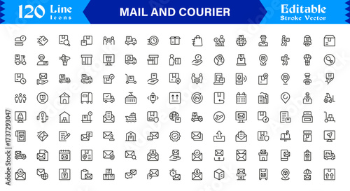 Mail and courier essentials unique line icon collection showcasing clean, pixel-perfect, and scalable line icons tailored for modern postal and logistics concepts.