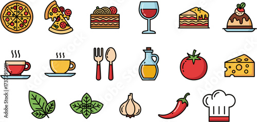 Simple Outline Detailed Italian Cuisine Icon Set and Element Collection