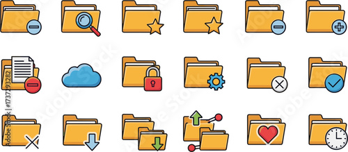 Line Art Various Symbol File Folder Icon Set Illustration