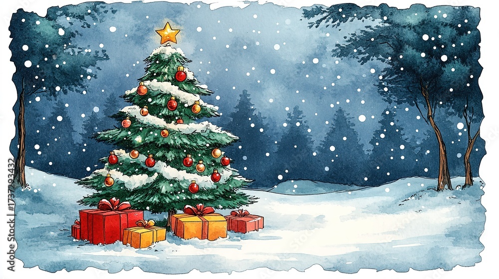 Obraz premium Cartoon style Christmas tree with gifts watercolor vector illustration, white background transparent PNG, high resolution sticker design for holiday cards