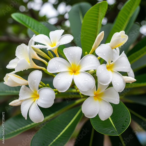 Picture of a white flowering frangipani tree