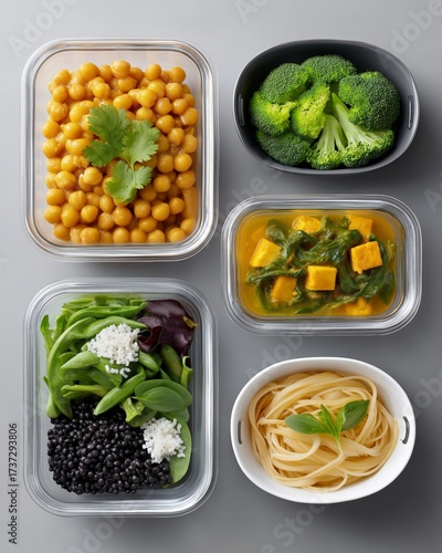 Healthy meal prep with vegetables, chickpeas, tofu, and pasta in containers