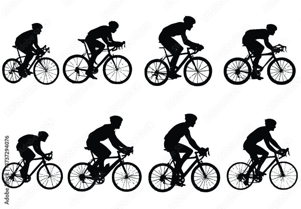 Obraz premium Silhouettes of cyclists riding bicycles in various positions on a white background representing teamwork and sports concept