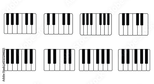 Arrangement of eight piano keyboard sections in a grid pattern