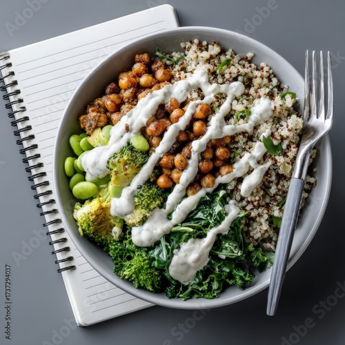 Vegan power bowl with quinoa kale and chickpeas on notepad