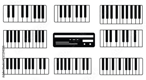 Collection of black and white piano keyboard illustrations in a grid layout