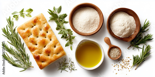 Wallpaper Mural A loaf of focaccia bread next to small bowls containing flour, water, yeast, a small dish of olive oil, and fresh rosemary sprigs, flat lay, isolated on a white background Torontodigital.ca