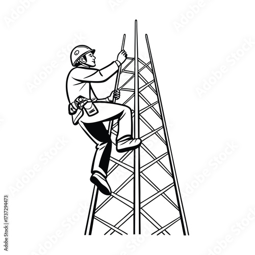 a man climbing up a tower with a ladder