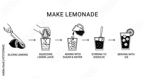 A step-by-step visual guide illustrating how to make fresh homemade lemonade from scratch.