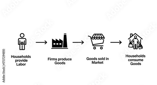 Diagram illustrating the economic flow of labor, production, market sales, and household consumption.
