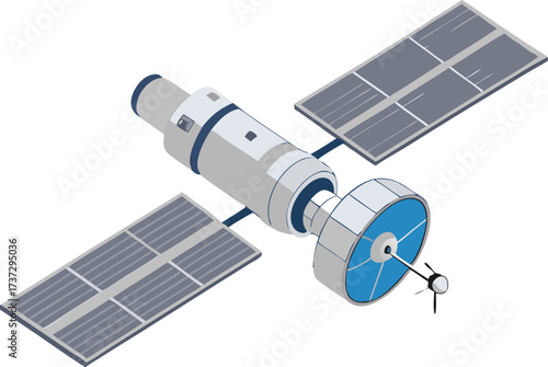 Isometric illustration of a satellite in space with solar panels