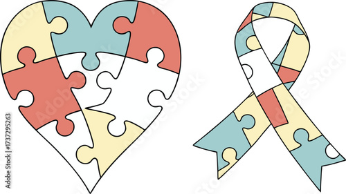 Heart and Ribbon Puzzle Piece Symbols for Autism Awareness Support