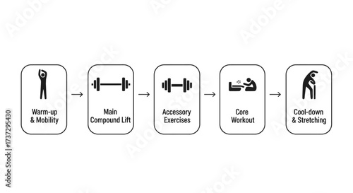 A step-by-step infographic illustrating the five phases of a complete strength training workout routine.