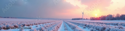 Frozen farm field, windmill silhouette, snowy hills , farm, countryside, snow covered