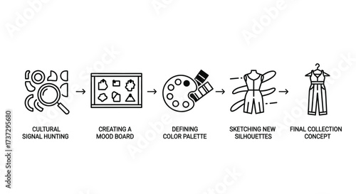 A five-step infographic illustrating the fashion design process from research and mood board to final collection.