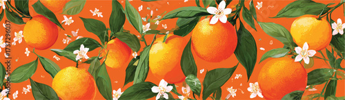 Vibrant orange illustration showcasing blossoming citrus fruit and lush foliage against bright background seamless pattern