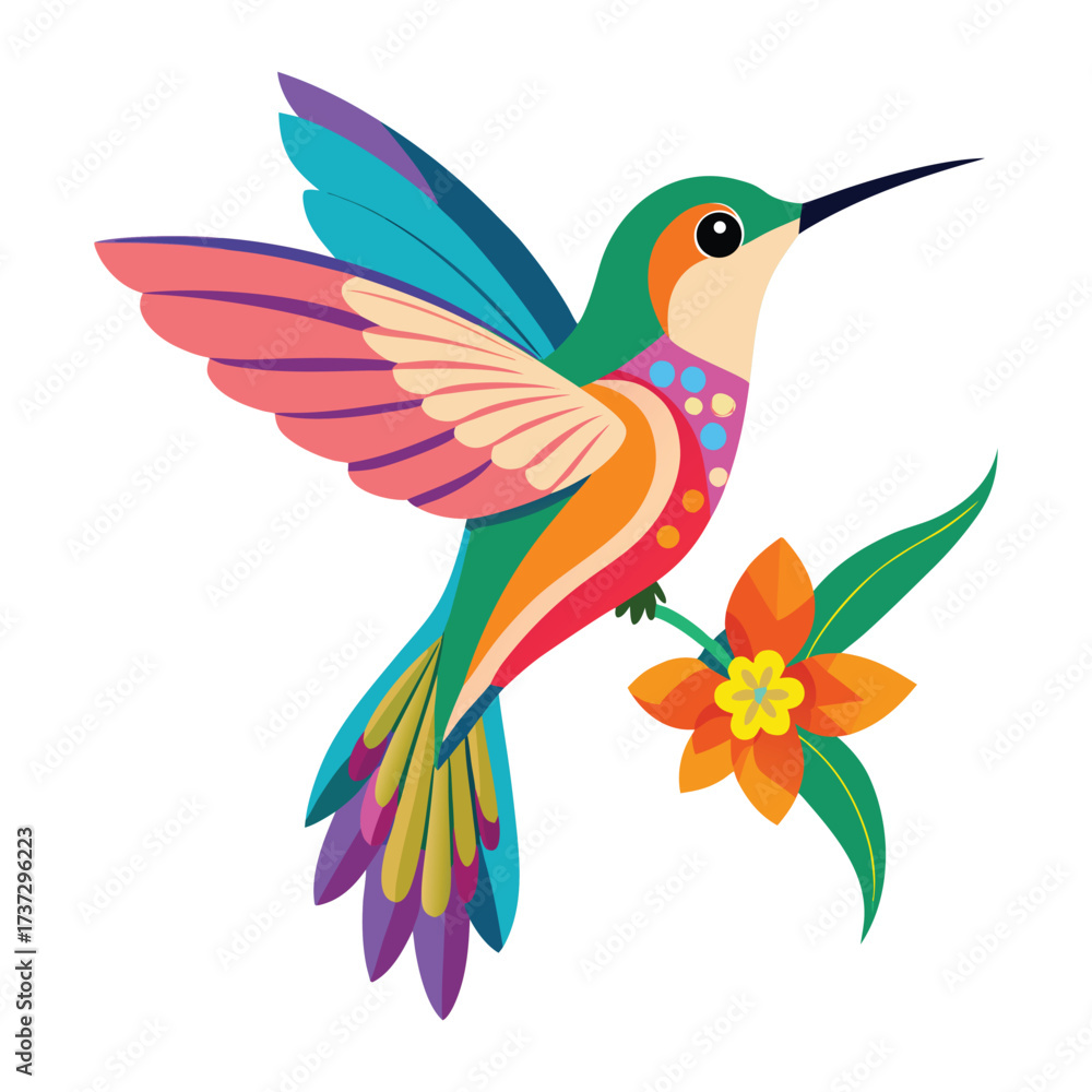 Obraz premium a colorful hummingbird with a flower on its beak