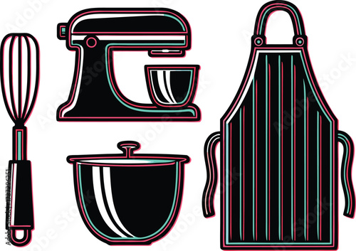 Collection of kitchen utensils and apron with neon outline effect