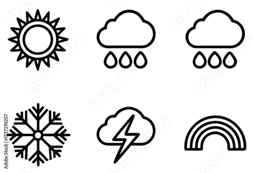 Collection of weather icons including sun rain snowflake lightning and rainbow