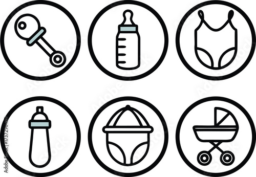 Collection of baby care icons including a rattle baby bottles onesie diaper and stroller