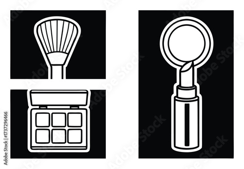 Stylized makeup icons featuring lipstick eyeshadow and brush