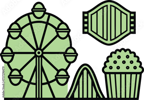 Amusement park icons including a ferris wheel roller coaster and cupcake