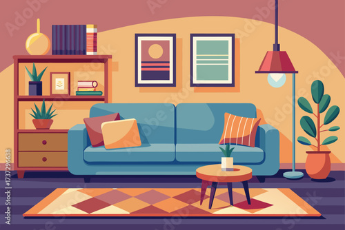 Luxury modern living room interior design with comfortable sofa, armchair, and table by the fireplace