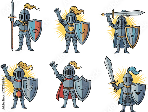 Cartoon medieval knight characters with armor, sword, shield, smiling faces, fantasy illustration, warrior heroes, children story, vector design