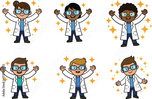 Cartoon scientists, children in lab coats, happy science characters, diverse young researchers, cute laboratory illustration, educational kids vector, smiling cartoon scientists