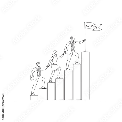 Continuous one line drawing of a business team helping each other climb a bar chart. Leadership and teamwork concept for success and growth.