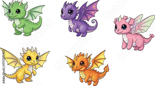 Cute baby dragon cartoon characters, colorful fantasy creatures, adorable mythical dragons with wings, magical fairy tale illustration set for kids