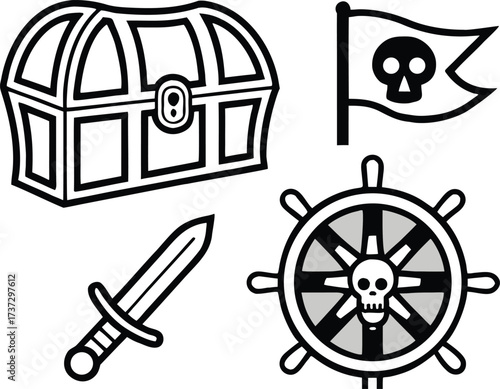 Pirate symbols including treasure chest jolly roger flag sword and ship s wheel