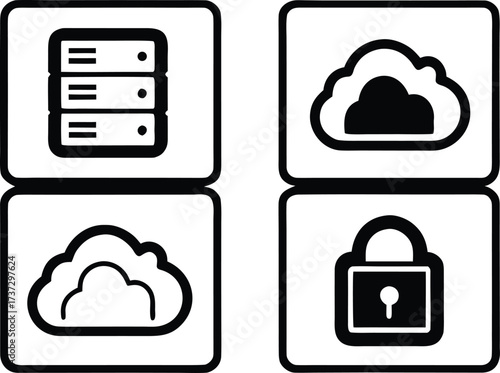 Set of four graphic icons representing cloud computing and data security