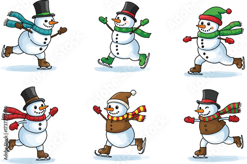 Cute cartoon snowmen ice skating in winter, happy snowman characters with hats and scarves, festive holiday snow illustration vector