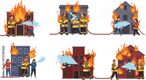 Firefighters extinguishing burning houses with water hose, emergency fire rescue operation, brave team saving people, safety protection, danger prevention illustration art