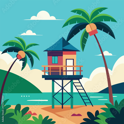 Tropical Beach Treehouse Illustration