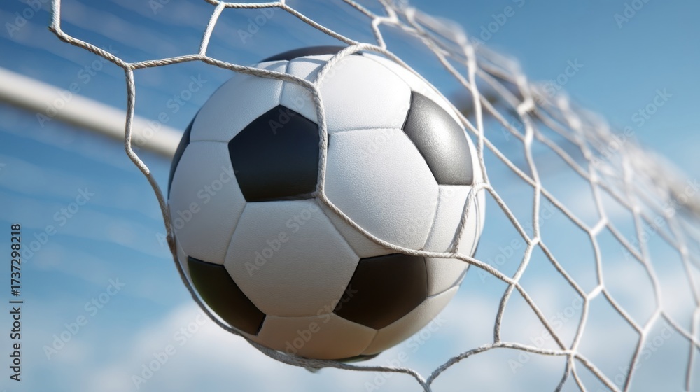 Naklejka premium A soccer ball bursts through a torn goal net during an intense match, showcasing dynamic motion and athletic energy.